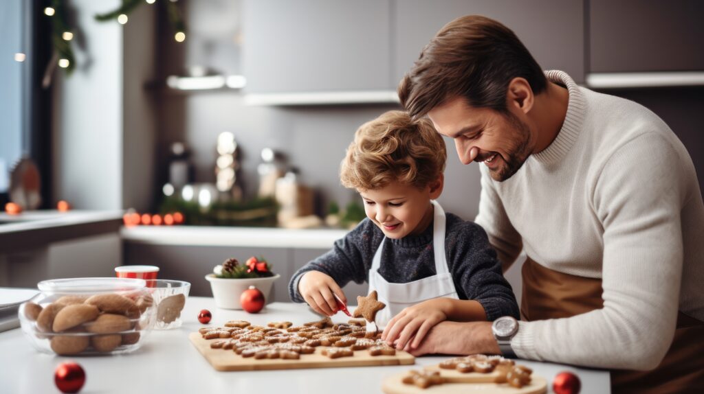 dad baking with child at Christmas, emphasising importance of making arrangements for children at Chriatmas
